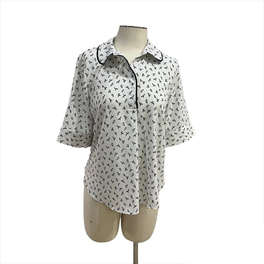 Ann Taylor White Black Ditzy Floral Patterned Round Collar Popover Blouse M